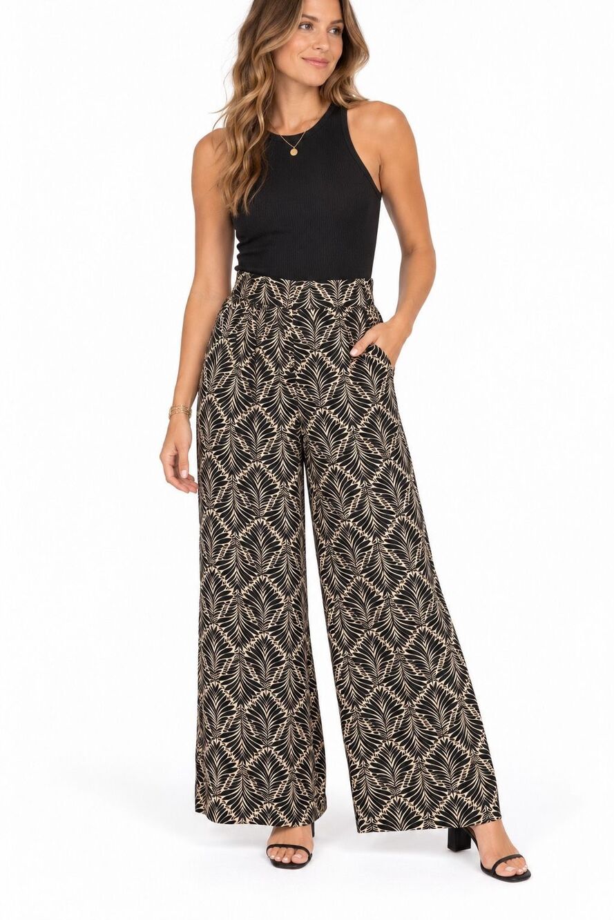 NWT Adrienne Landau Black & Beige High Rise Wide Leg Palazzo Pants Small